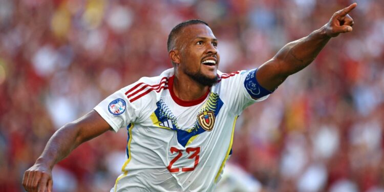 Venezuela's forward #23 Salomon Rondon celebrates scoring his team's second goal during the Conmebol 2024 Copa America tournament group B football match between Jamaica and Venezuela at Q2 Stadium in Austin, Texas on June 30, 2024. (Photo by Aric Becker / AFP)