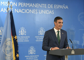 NUEVA YORK (ESTADOS UNIDOS), 25/09/2024.- Comparecencia ante la prensa que ha ofrecido el presidente del Gobierno, Pedro Sánchez, este miércoles en la sede de la Representación Permanente de España ante Naciones Unidas, en Nueva York. EFE/Pool Moncloa/Borja Puig De La Bellacasa SÓLO USO EDITORIAL/SÓLO DISPONIBLE PARA ILUSTRAR LA NOTICIA QUE ACOMPAÑA (CRÉDITO OBLIGATORIO)