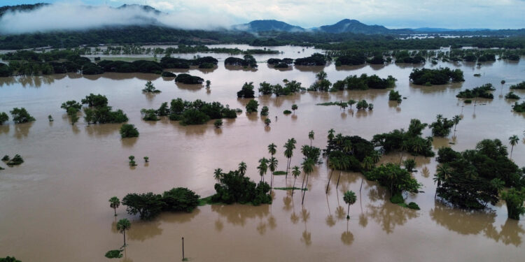 MEX085. SANTIAGO JAMILTEPEC (MÉXICO), 27/09/2024.- Fotografía aérea del Río Verde desbordado por el paso del huracán 'John', este viernes en el municipio de Santiago Jamiltepec (México). Al menos 30 localidades permanecen incomunicadas por deslaves y la crecida de ríos tras el paso de John en Oaxaca, estado del sur de México, donde hay tres muertos por el ciclón, que tocó tierra el lunes en la vecina entidad de Guerrero como huracán categoría 3 y ahora se desplaza como baja presión remanente. EFE/Jesús Méndez