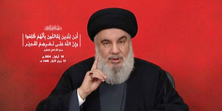 FILE PHOTO: Hezbollah leader Sayyed Hassan Nasrallah gives a televised address, Lebanon, September 19, 2024, in this screenshot taken from a video. Al-Manar TV via REUTERS/File photo