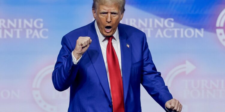 Duluth (United States), 23/10/2024.- Former US President and Republican presidential nominee Donald Trump speaks at the Turning Point PAC campaign rally at the Gas South Arena, in Duluth, Georgia, USA, 23 October 2024. Trump is running against Democratic US Vice President Kamala Harris. EFE/EPA/ERIK S. LESSER