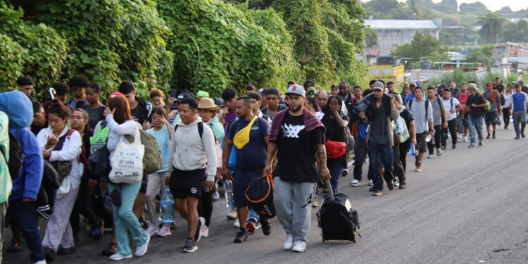 MEX2043. TAPACHULA (MÉXICO), 13/10/2024.- Migrantes caminan en una caravana este domingo, en el municipio de Tapachula, estado Chiapas (México). Unos 1.000 migrantes partieron desde Tapachula, en la frontera sur de México, en una nueva caravana denominada Dios nos Guía, con destino a la Ciudad de México, debido a la demora de las citas de CBP One, la falta de empleo, la difícil situación económica, la inseguridad y la violencia. EFE/ Juan Manuel Blanco