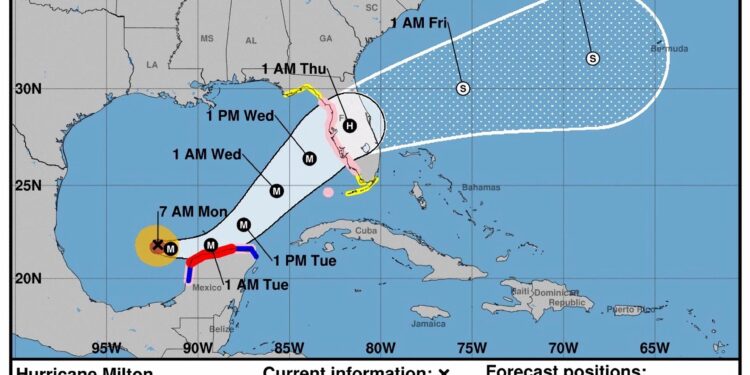 USA7526. MIAMI (FL, EEUU), 07/10/2024.- Imagen cedida por el Centro Nacional de Huracanes (NHC) estadounidense este lunes donde se muestra el pronóstico de cinco días del paso del huracán Milton en el Golfo de México hacia Florida. Milton se ha fortalecido rápidamente y se ha convertido en un huracán de categoría 4, en la escala Saffir-Simpson de un total de 5, con vientos máximos sostenidos de 240 kilómetros por hora (150 millas), según el Centro Nacional de Huracanes (NHC). EFE/NHC /SOLO USO EDITORIAL /NO VENTAS /SOLO DISPONIBLE PARA ILUSTRAR LA NOTICIA QUE ACOMPAÑA /CRÉDITO OBLIGATORIO