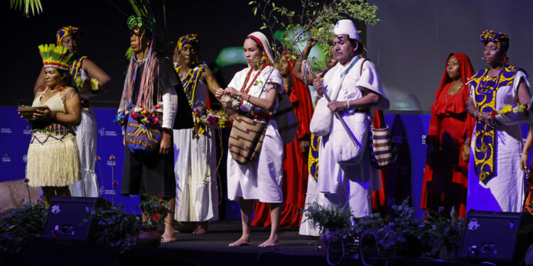 AME9304. CALI (COLOMBIA), 20/10/2024.- Artistas se presentan en la inauguración de la COP16 de Biodiversidad este domingo, en Cali (Colombia). "Quizás la más grande batalla está por comenzar (...) es la gran batalla de la vida", declaró el presidente de Colombia, Gustavo Petro, al inaugurar este domingo la COP16 que se celebrará en Cali hasta el próximo 1 de noviembre, una ceremonia marcada por los llamados a tomar acciones por la biodiversidad y a hacer paz con la naturaleza. EFE/ Mauricio Dueñas Castañeda