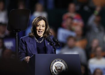 East Lansing (United States), 03/11/2024.- Democratic presidential candidate US Vice President Kamala Harris speaks during a Get Out the Vote rally in East Lansing, Michigan, USA, 03 November 2024. Vice President Harris and Republican candidate former President Trump are tied in the polls with two days until the election on 05 November EFE/EPA/CJ GUNTHER