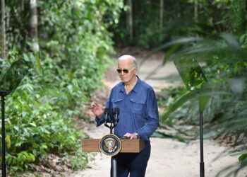 US President Joe Biden speaks after signing a proclamation designating November 17 as International Conservation Day during a tour of the Museu da Amazonia as he visits the Amazon Rainforest in Manaus, Brazil, on November 17, 2024, before heading to Rio de Janeiro for the G20 Summit. (Photo by SAUL LOEB / AFP)