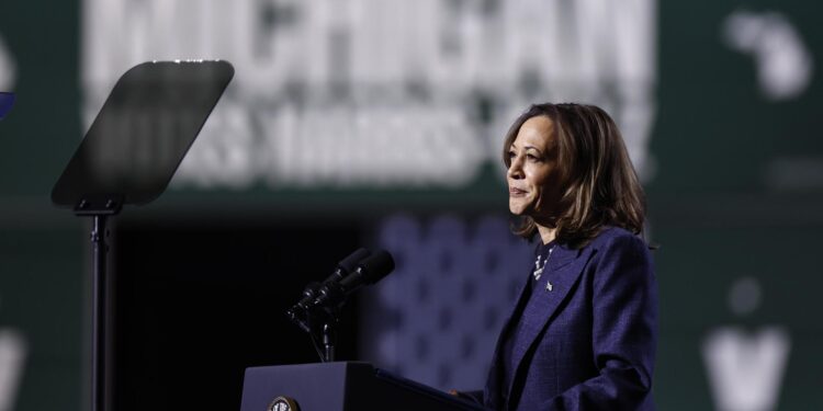 East Lansing (United States), 03/11/2024.- Democratic presidential candidate US Vice President Kamala Harris speaks during a Get Out the Vote rally in East Lansing, Michigan, USA, 03 November 2024. Vice President Harris and Republican candidate former President Trump are tied in the polls with two days until the election on 05 November EFE/EPA/CJ GUNTHER