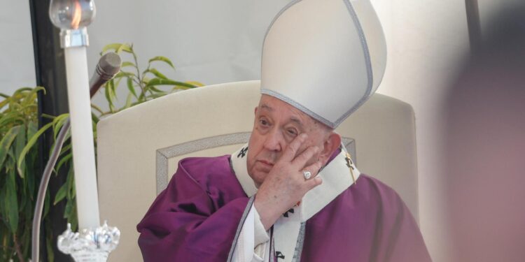 Rome (Italy), 02/11/2024.- Pope Francis (C) gestures as he presides over a Holy Mass commemorating all the faithful departed in Laurentino Cemetery, in Rome, Italy, 02 November 2024. (Papa, Italia, Roma) EFE/EPA/GIUSEPPE LAMI