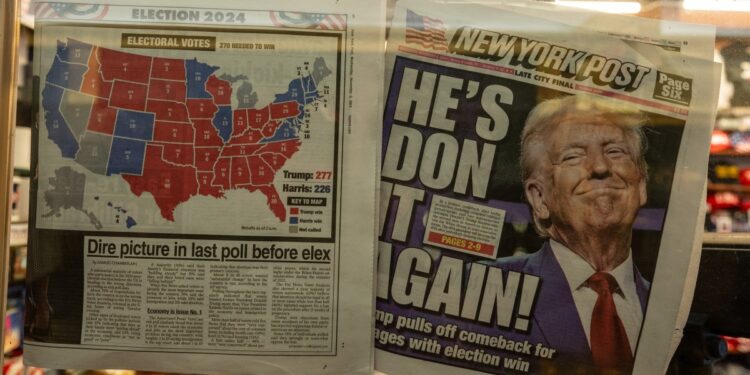 The New York Post is displayed in the window of a newsstand inside of Trump Tower in New York City, November 6, 2024. - Donald Trump won a sweeping victory Wednesday in the US presidential election, defeating Kamala Harris to complete an astonishing political comeback that sent shock waves around the world. (Photo by David Dee Delgado / AFP)