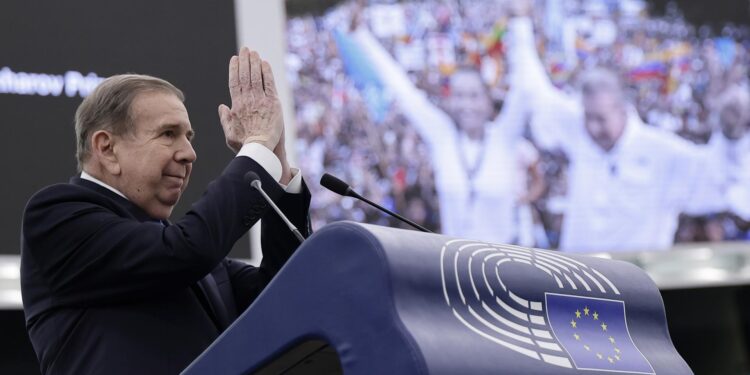 Strasbourg (France), 17/12/2024.- Presidential opposition candidate in Venezuela Edmundo Gonzalez Urrutia gestures during the Sakharov Prize award ceremony at the European Parliament in Strasbourg in Strasbourg, France, 17 December 2024. Members of the European Parliament have awarded the 2024 Sakharov Prize for Freedom of Thought to Venezuelan opposition leader Maria Corina Machado and Presidential opposition candidate Edmundo Gonzalez Urrutia. (Francia, Estrasburgo) EFE/EPA/RONALD WITTEK