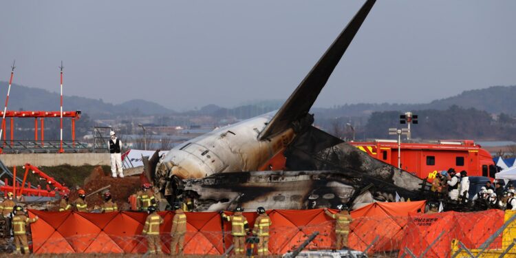 Muan (South Korea), 29/12/2024.- Firefighters search at the wreckage of the Jeju Air aircraft at Muan International Airport in Muan, 288 kilometers southwest of Seoul, South Korea, 29 December 2024. According to the National Fire Agency, a passenger jet carrying 181 people erupted in flames after going off the runway at an airport in South Korea's southwestern county of Muan on 29 December, leaving at least 176 people dead. (Corea del Sur, Seúl) EFE/EPA/HAN MYUNG-GU