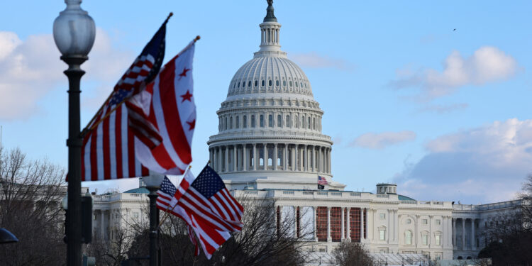 Flags flutter as preparations are underway for the upcoming presidential inauguration for U.S. President-elect Donald Trump at the U.S. Capitol building in Washington, U.S., January 4, 2025.  REUTERS/Fabrizio Bensch