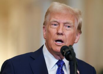 Washington (Usa), 29/01/2025.- US President Donald Trump speaks during an event in the East Room of the White House in Washington, DC, USA, 29 January 2025. The Laken Riley Act is the first bill signed by President Trump in his new administration, named after a slain Georgia nursing student and would require the detention of unauthorized immigrants that have been accused of theft and violent crimes. EFE/EPA/SAMUEL CORUM / POOL