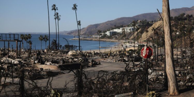 -FOTODELDÍA- EA1407. LOS ANGELES (ESTADOS UNIDOS), 13/01/2025.- Fotografía de un barrio destruido por el incendio forestal de Palisades en el barrio de Pacific Palisades de Los Ángeles, California (EE.UU.). Múltiples incendios forestales, que ya han destruido miles de viviendas y obligado a miles de personas a evacuar barrios en la zona de Los Ángeles. EFE/EPA/ALLISON DINNER