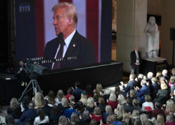 Washington (United States), 20/01/2025.- Guests in the viewing area in Emancipation Hall watch President Donald Trump deliver his inaugural address on screen during the 2025 Presidential Inauguration at the U.S. Capitol. EFE/EPA/Jasper Colt / POOL